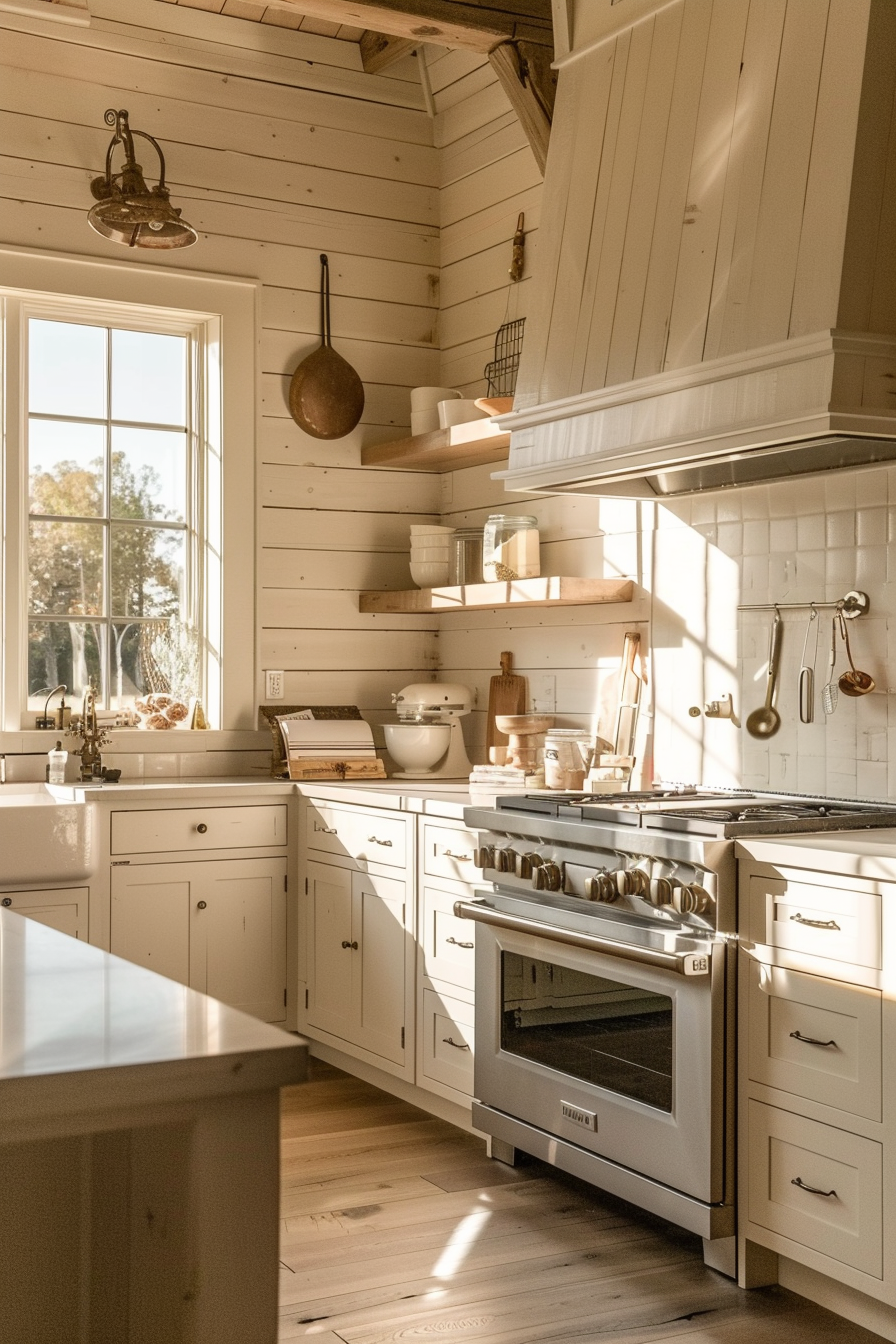 Rustic kitchen interior with white cabinets, wooden shelves, hanging pots and sunlight streaming through a window.