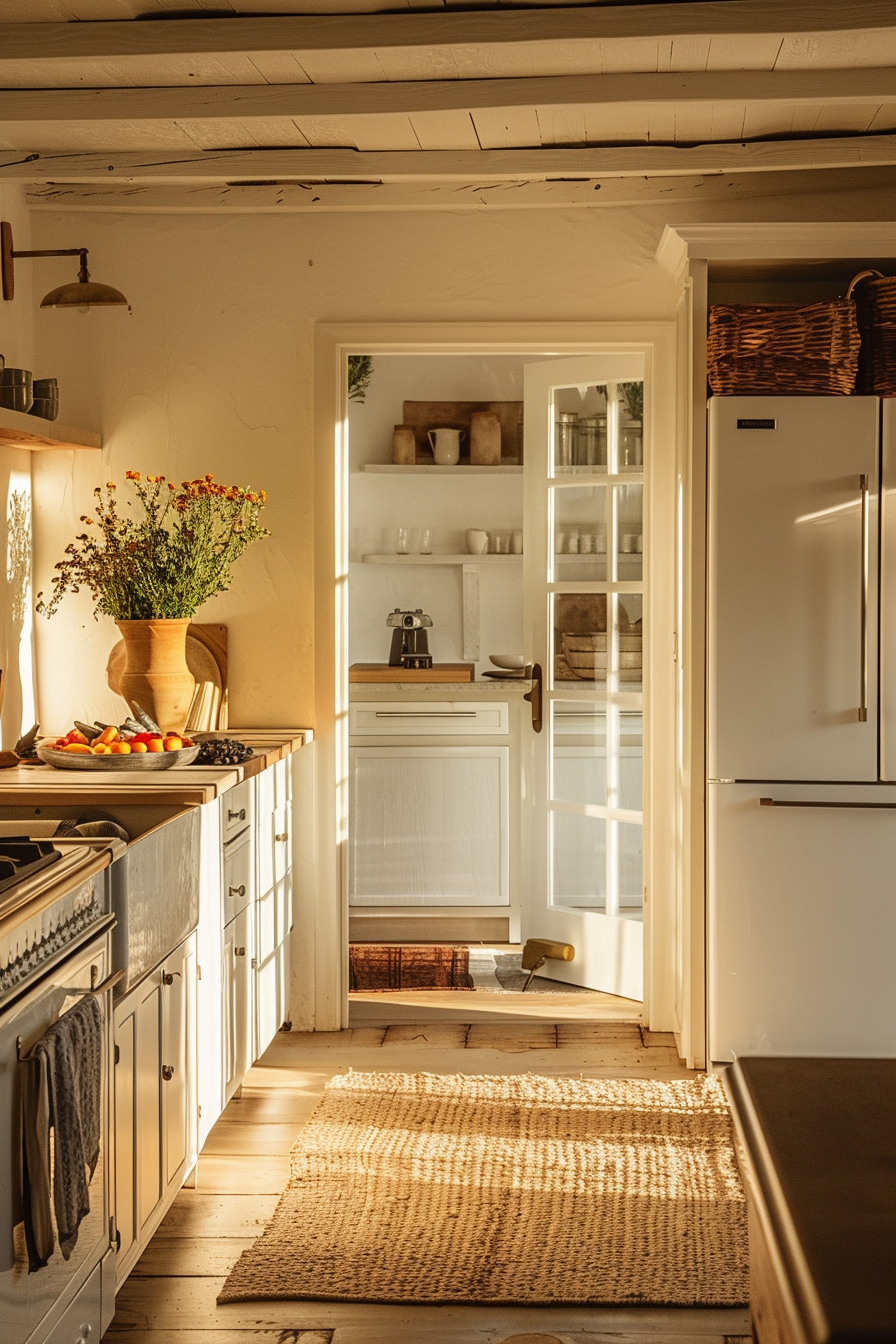 ALT: Cozy kitchen interior with warm sunlight filtering in, showcasing wooden cabinetry, a woven rug, and a bouquet of wildflowers on the counter.