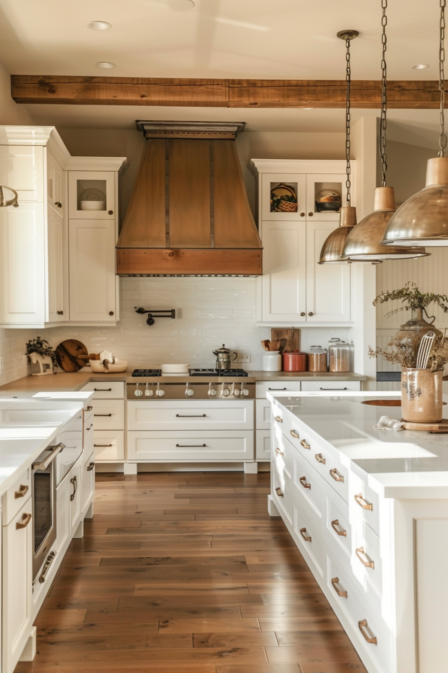A rustic-style kitchen with white cabinetry, copper range hood, subway tile backsplash, and hanging metal pendant lights over a large island.