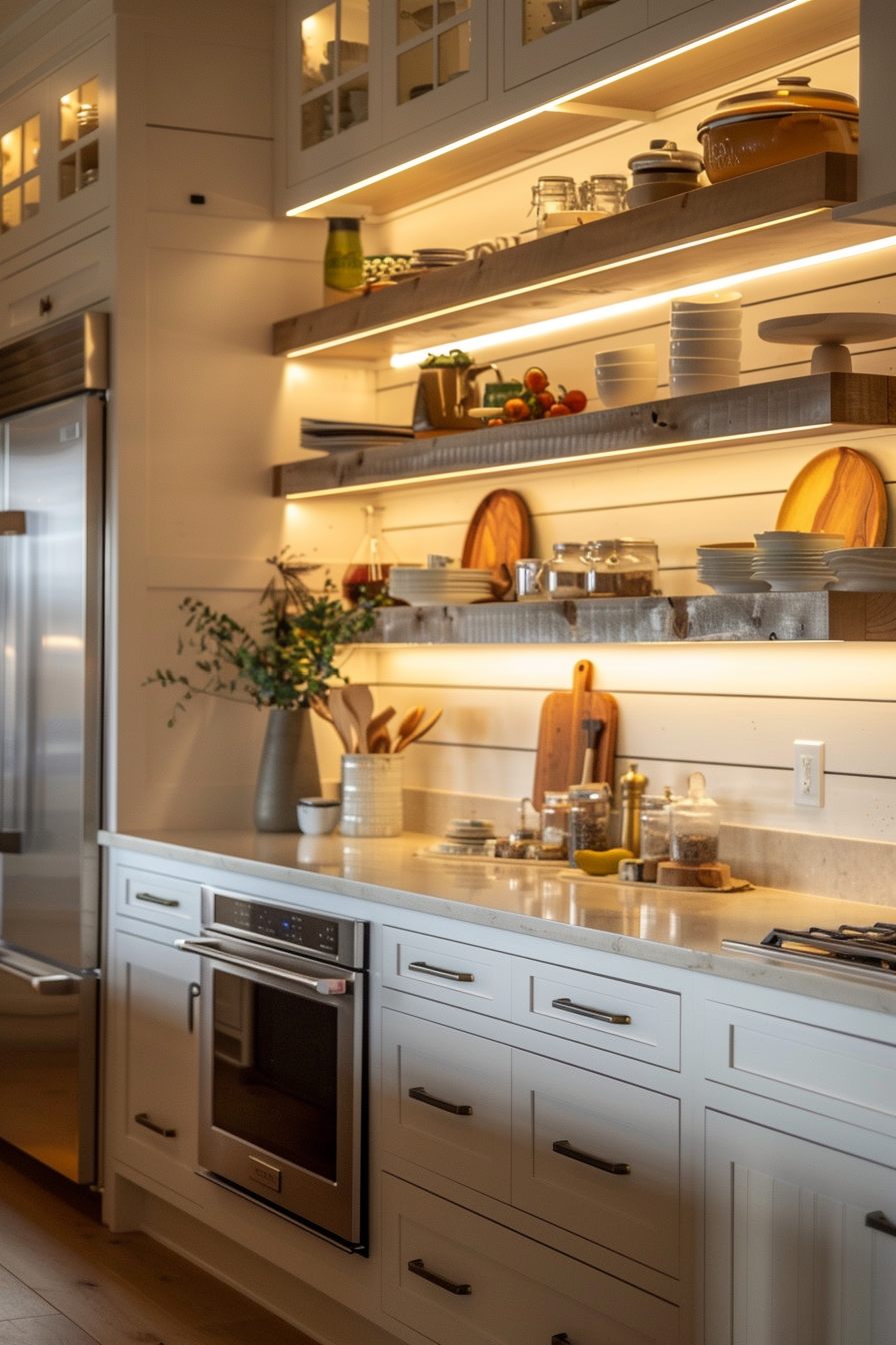 A modern kitchen with LED-lit shelves, stocked with dishes and jars, next to stainless steel appliances and a vase with greenery.
