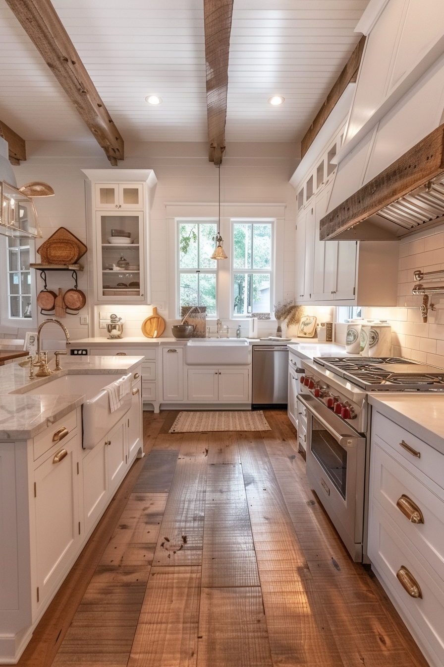 ALT: Cozy cottage-style kitchen interior with white cabinetry, wooden countertops, exposed beams, and stainless-steel appliances.