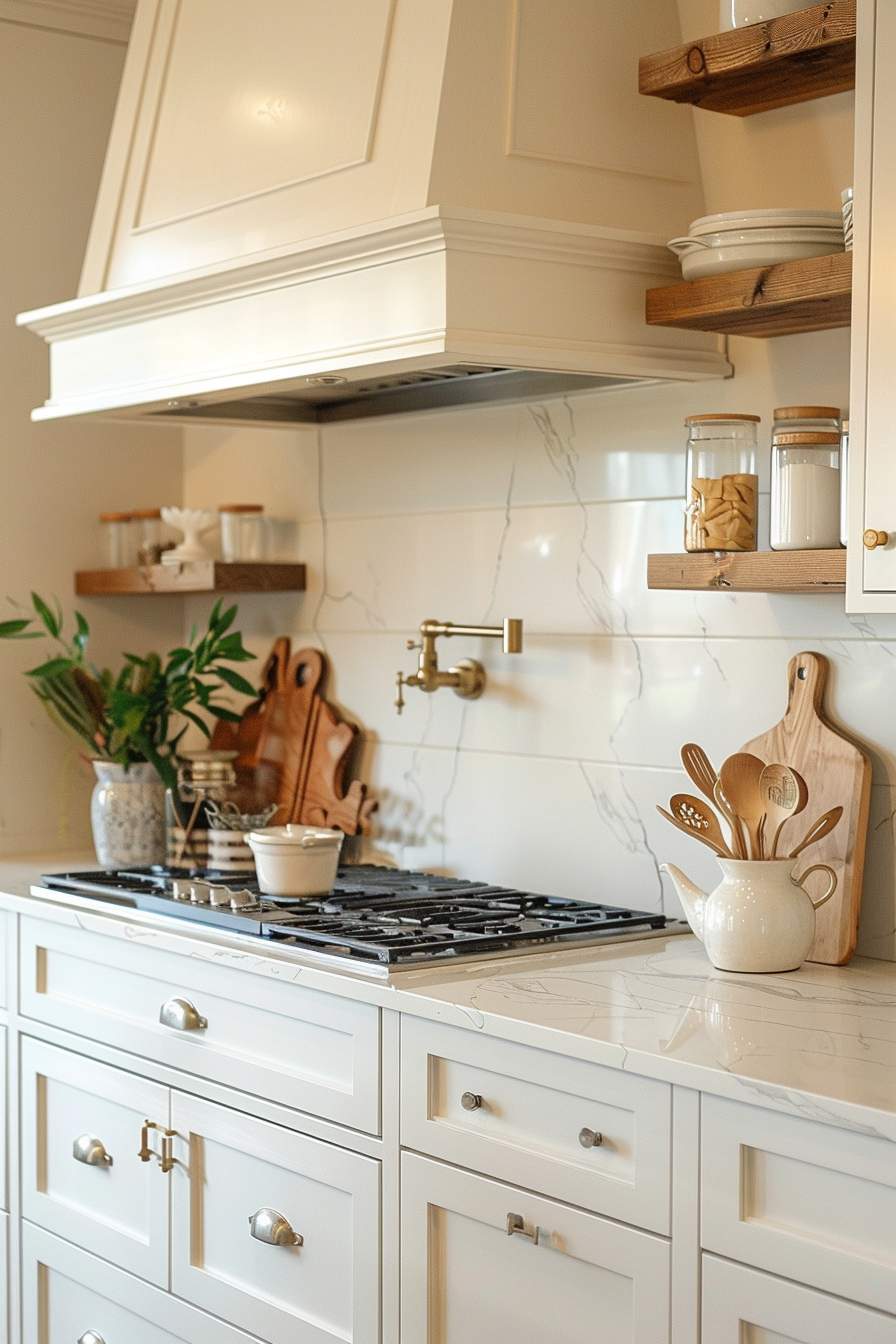 Elegant kitchen corner with white cabinets, marble backsplash, gas stove, and wooden open shelves with dishes and utensils.