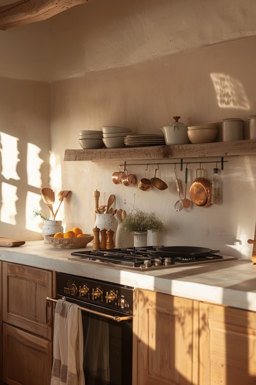 Cozy kitchen interior with warm sunlight casting shadows, featuring wooden shelves with dishes, cookware, and gas stove.