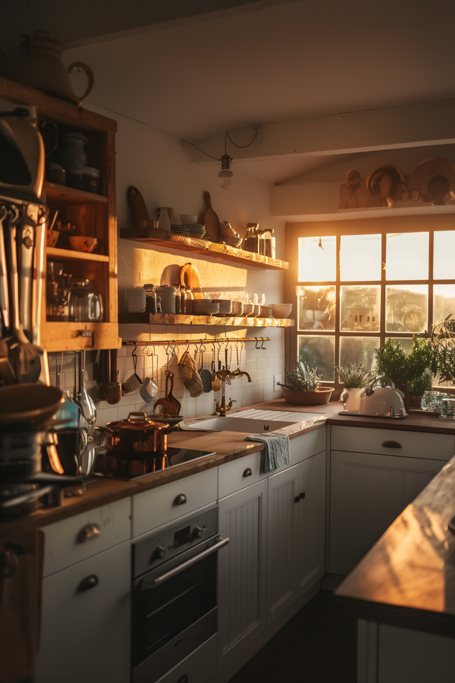 Cozy kitchen interior bathed in warm sunset light, with white cabinets, wooden shelves, and plants on the counter.