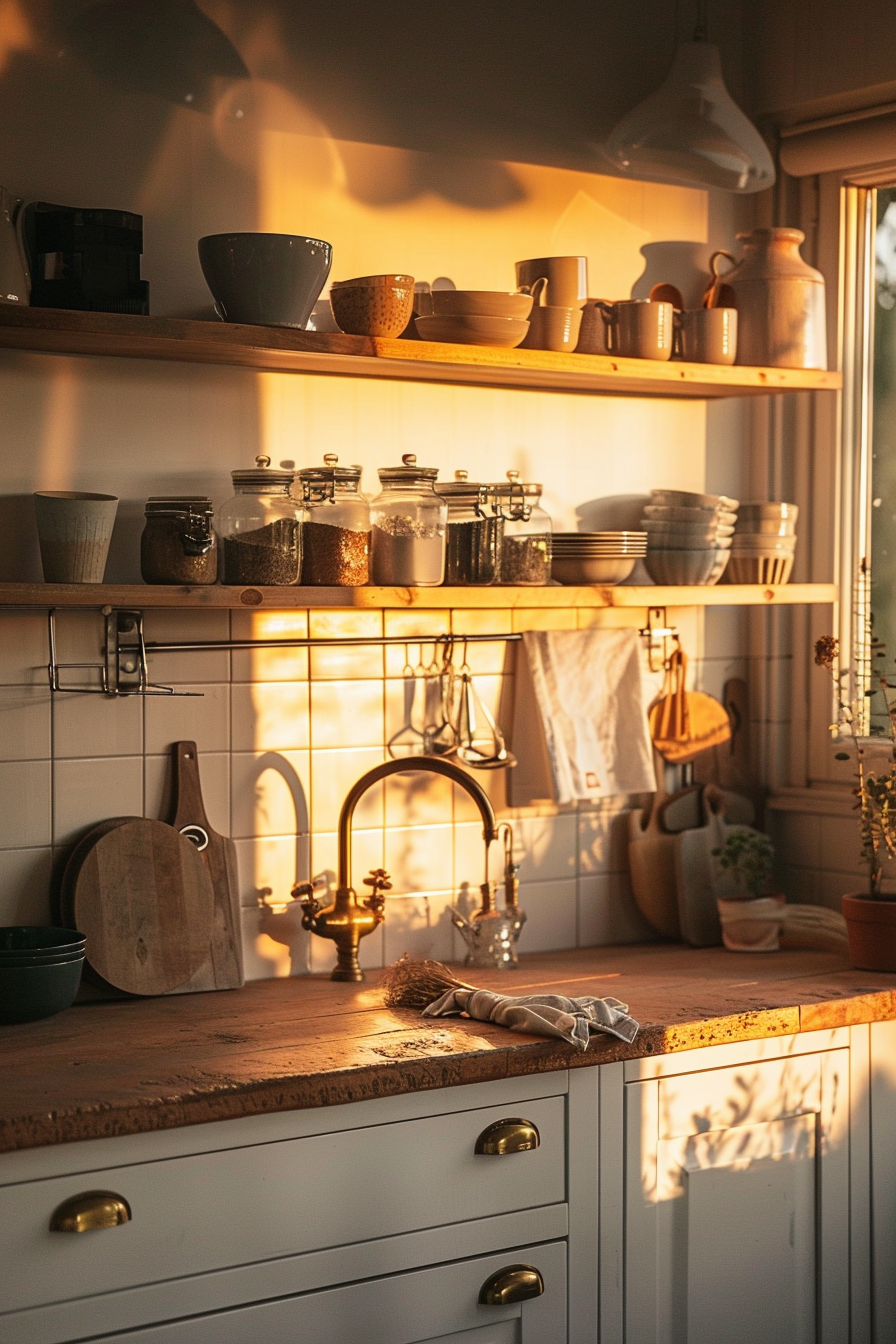 Warm sunlight bathes a cozy kitchen with wooden shelves displaying jars and dishes, a sink with brass taps, and a countertop with utensils.