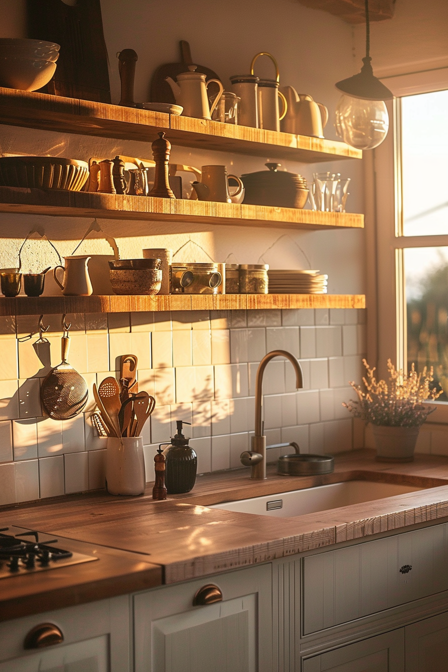 A cozy kitchen with wooden shelves filled with cookware, utensils, and a warm sunlight bathing the room.