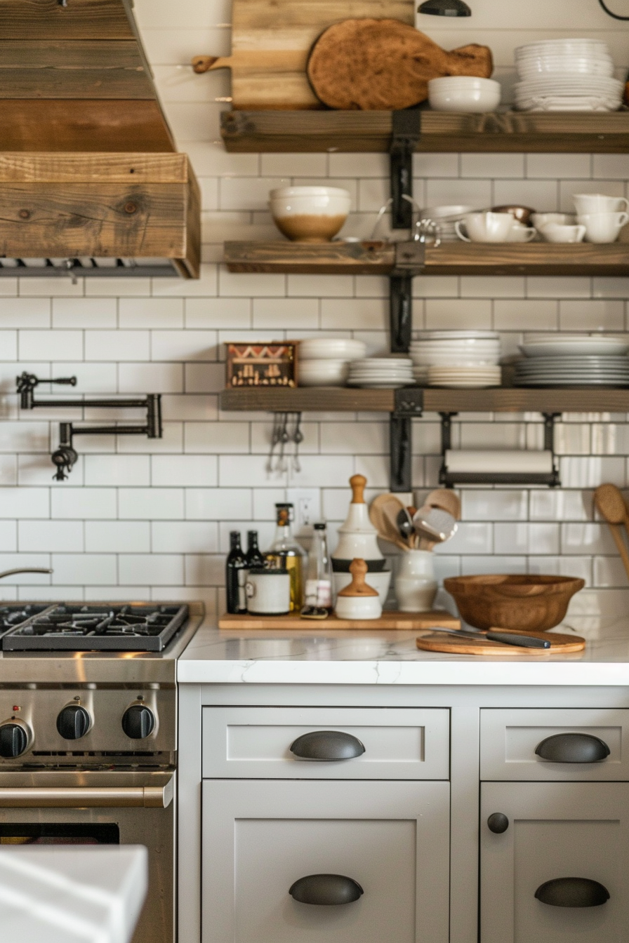A cozy kitchen with open shelving displaying dishes, white subway tiles, and a gas stove surrounded by white cabinetry.
