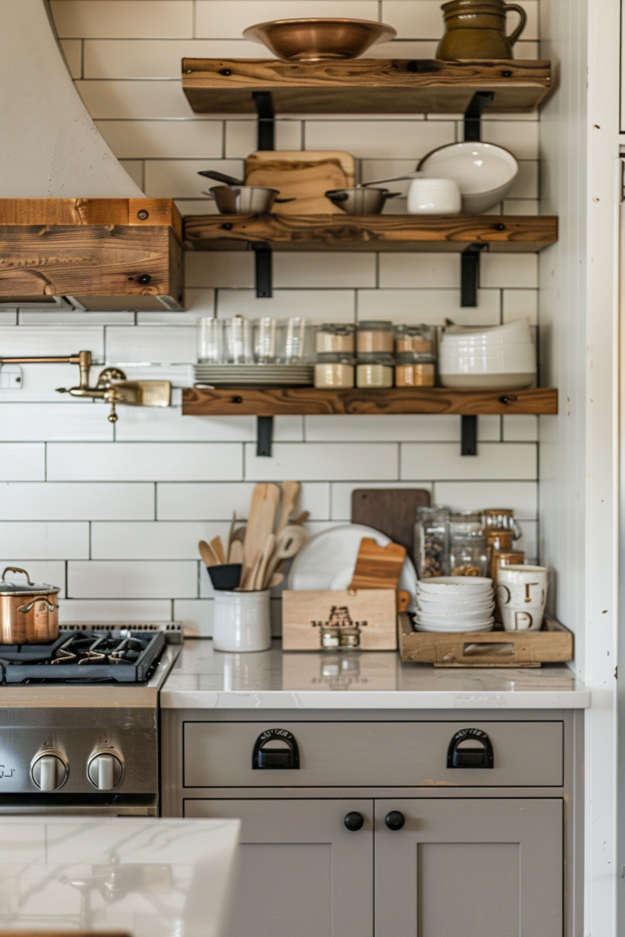 ALT: A cozy kitchen corner with open wooden shelves holding utensils, pots, and pantry items, above a gray cabinet with a stove.