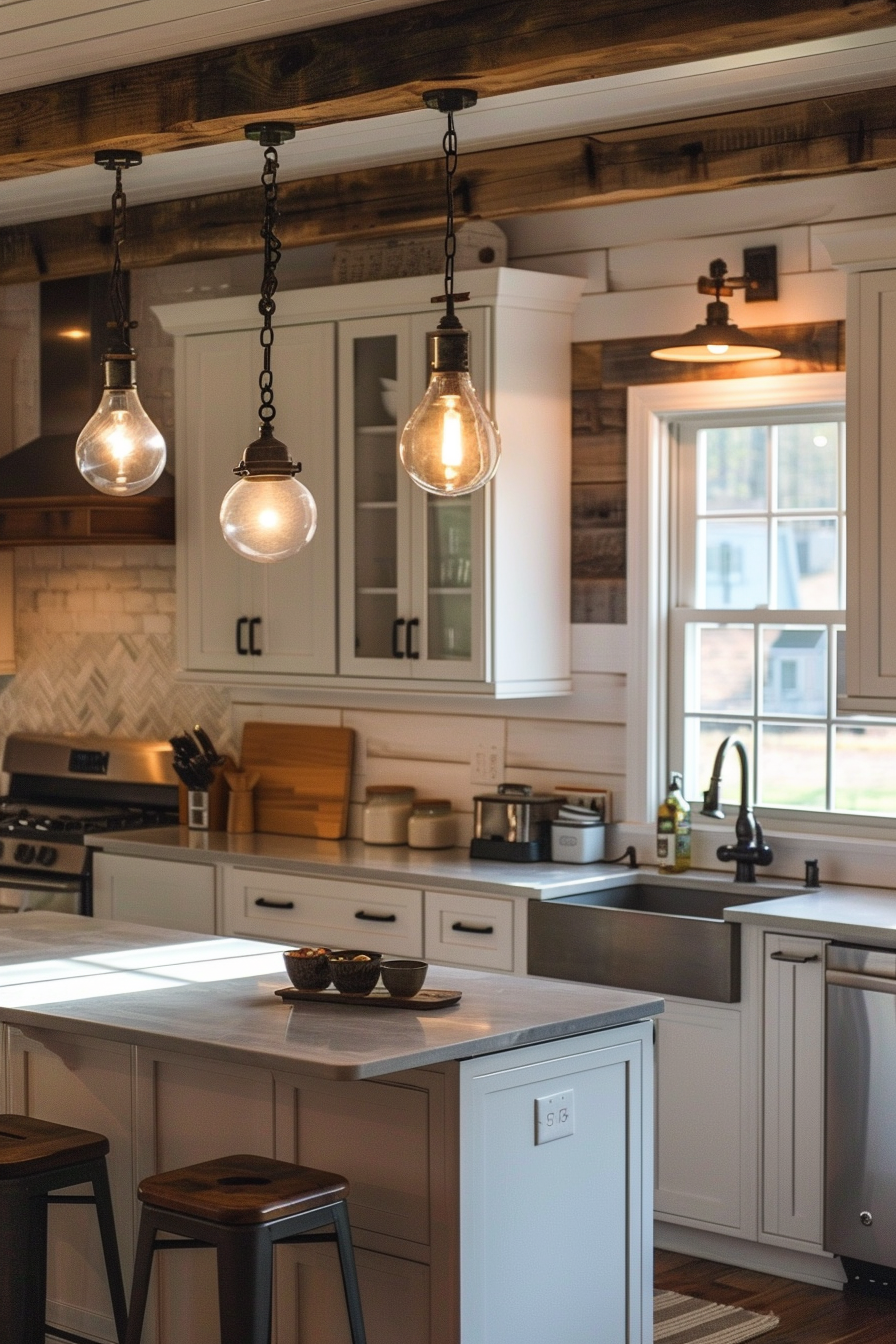 Elegant kitchen interior with herringbone backsplash, white cabinetry, exposed wooden beams, and stylish hanging Edison bulb lights.