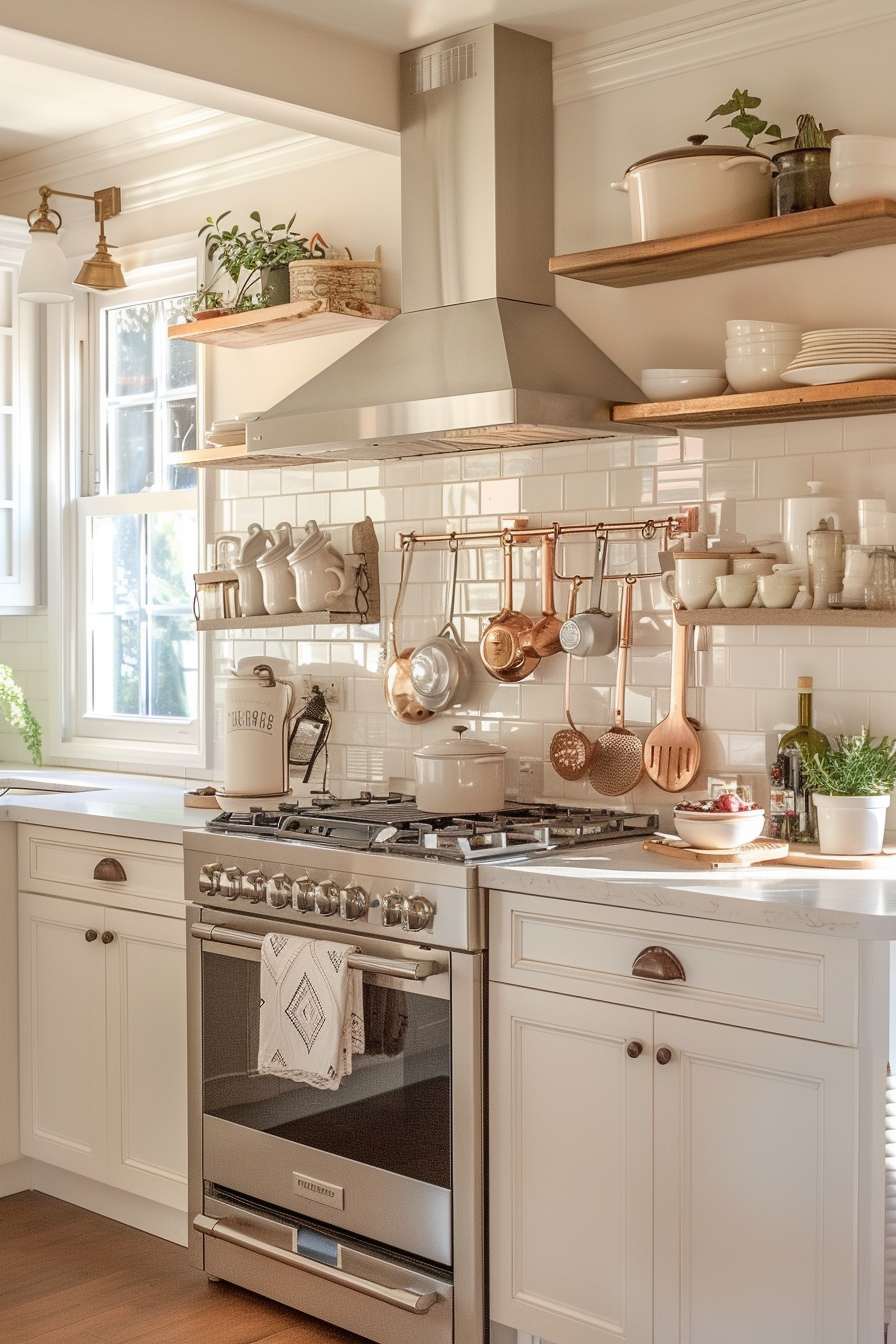 A bright, cozy kitchen with white cabinetry, stainless steel stove, copper pots, and plants on open shelving.