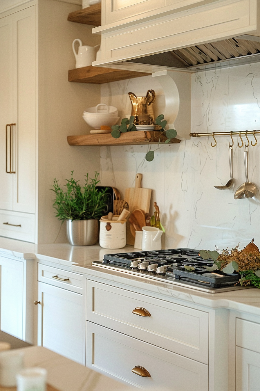 A modern kitchen with white cabinetry, floating shelves, a gas cooktop, and neatly arranged utensils and plants.