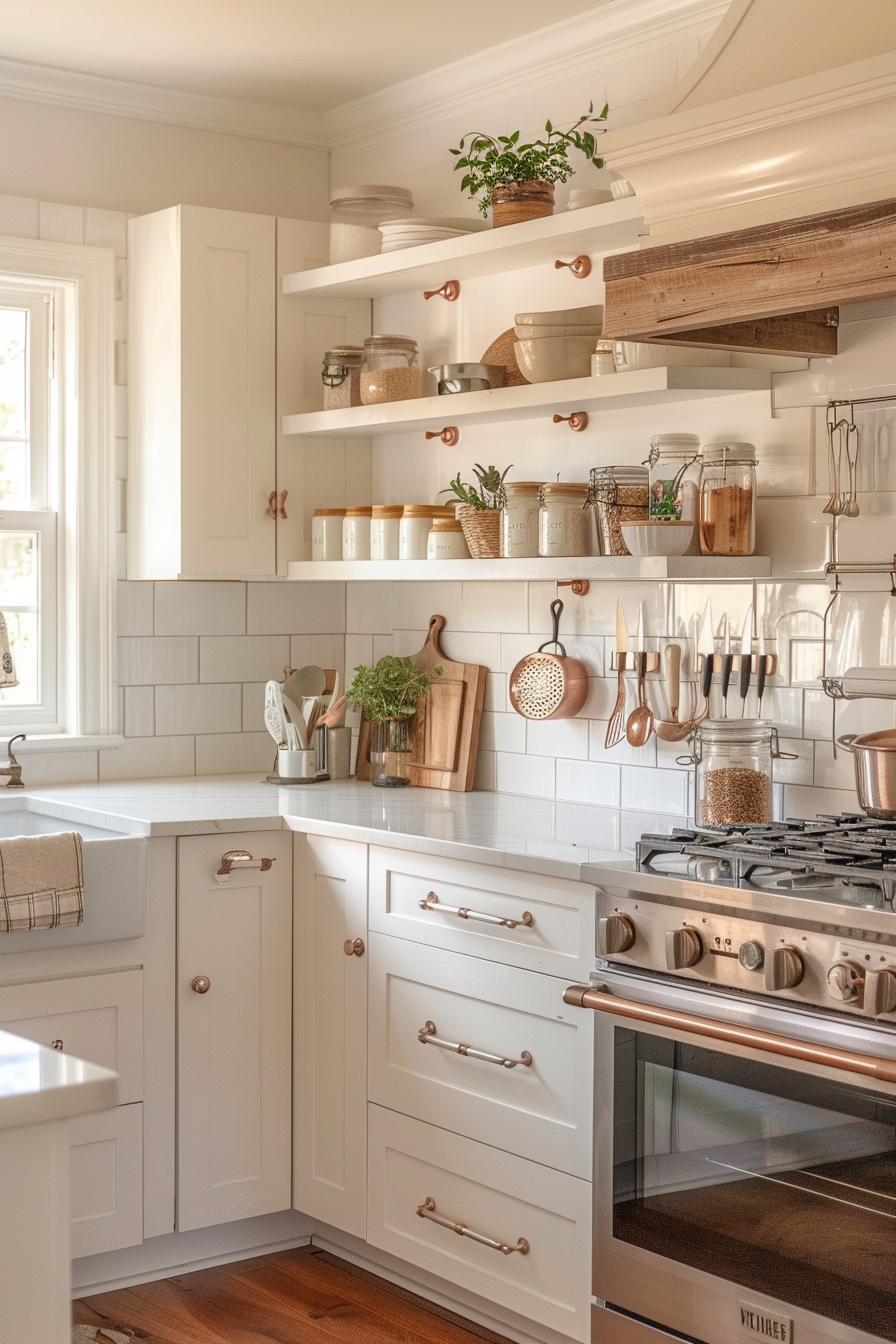 A cozy kitchen interior with white cabinetry, open shelves displaying crockery, and copper kitchenware accents.