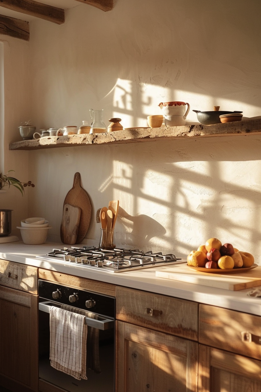 Warm sunlight casts shadows in a cozy kitchen with earthenware on shelves, a stove, and a bowl of fruit on the counter.