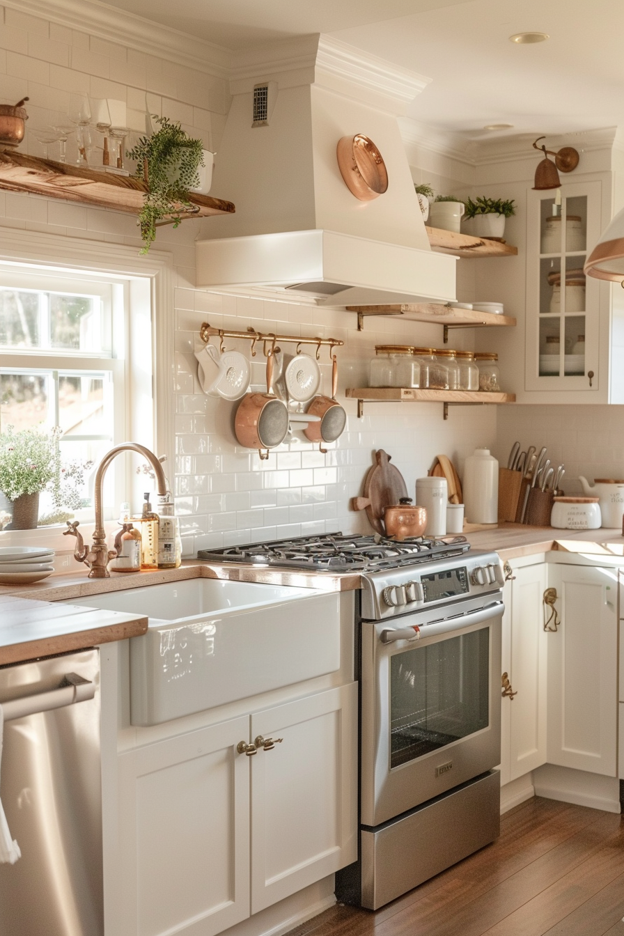 A cozy, well-lit kitchen with white cabinets, wooden shelves, hanging pots, and modern appliances.