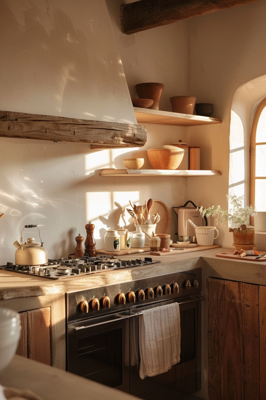 Cozy kitchen interior with a stove, rustic wooden shelves holding pottery, and soft sunlight filtering through a window.