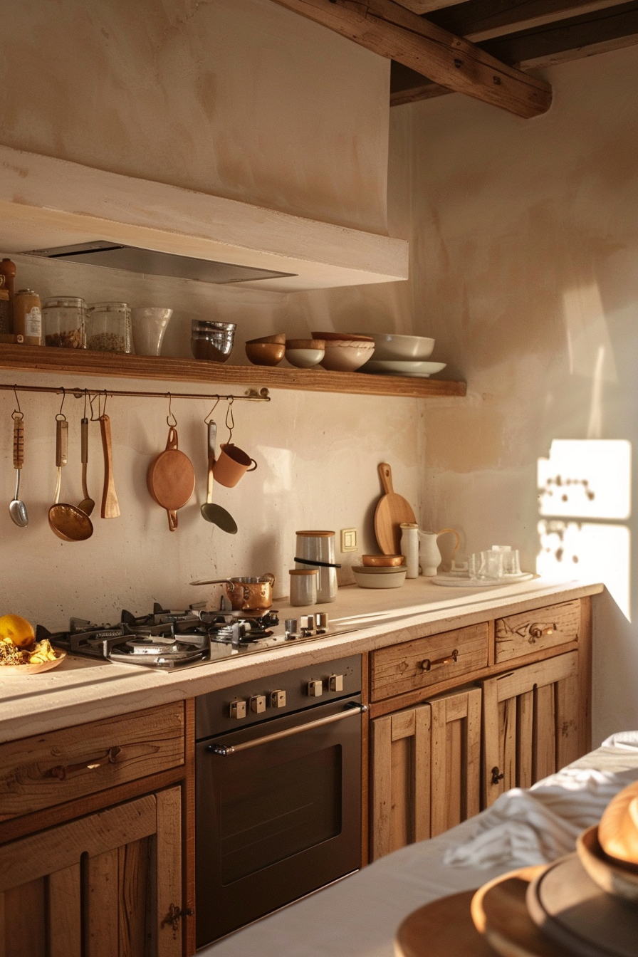 Cozy rustic kitchen with wooden cabinets, shelves with dishes, utensils hanging, stove, and sunlight streaming in.
