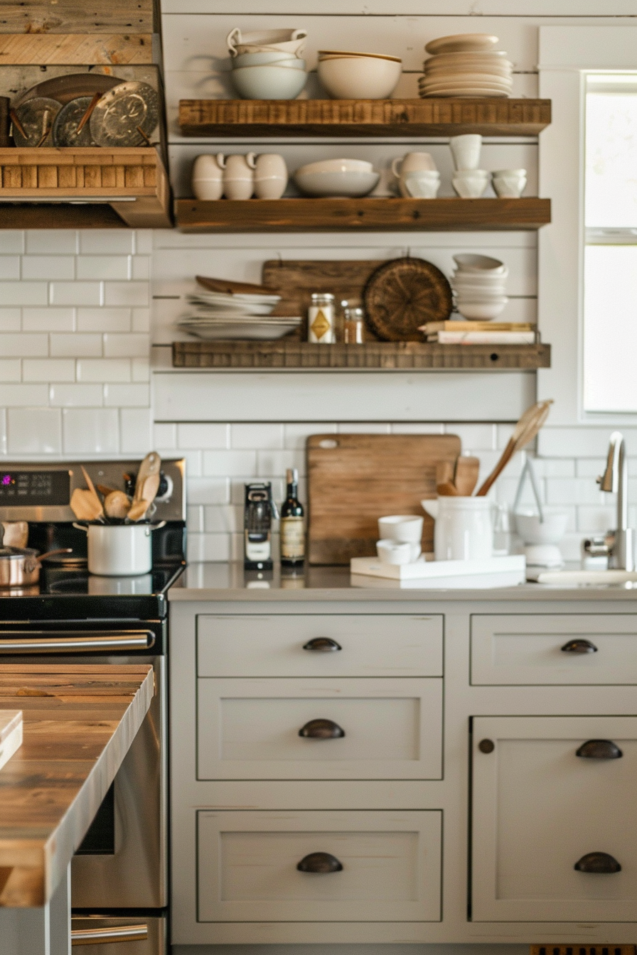 A cozy kitchen interior with white cabinetry, subway tile backsplash, and wooden shelves filled with assorted dishes and utensils.