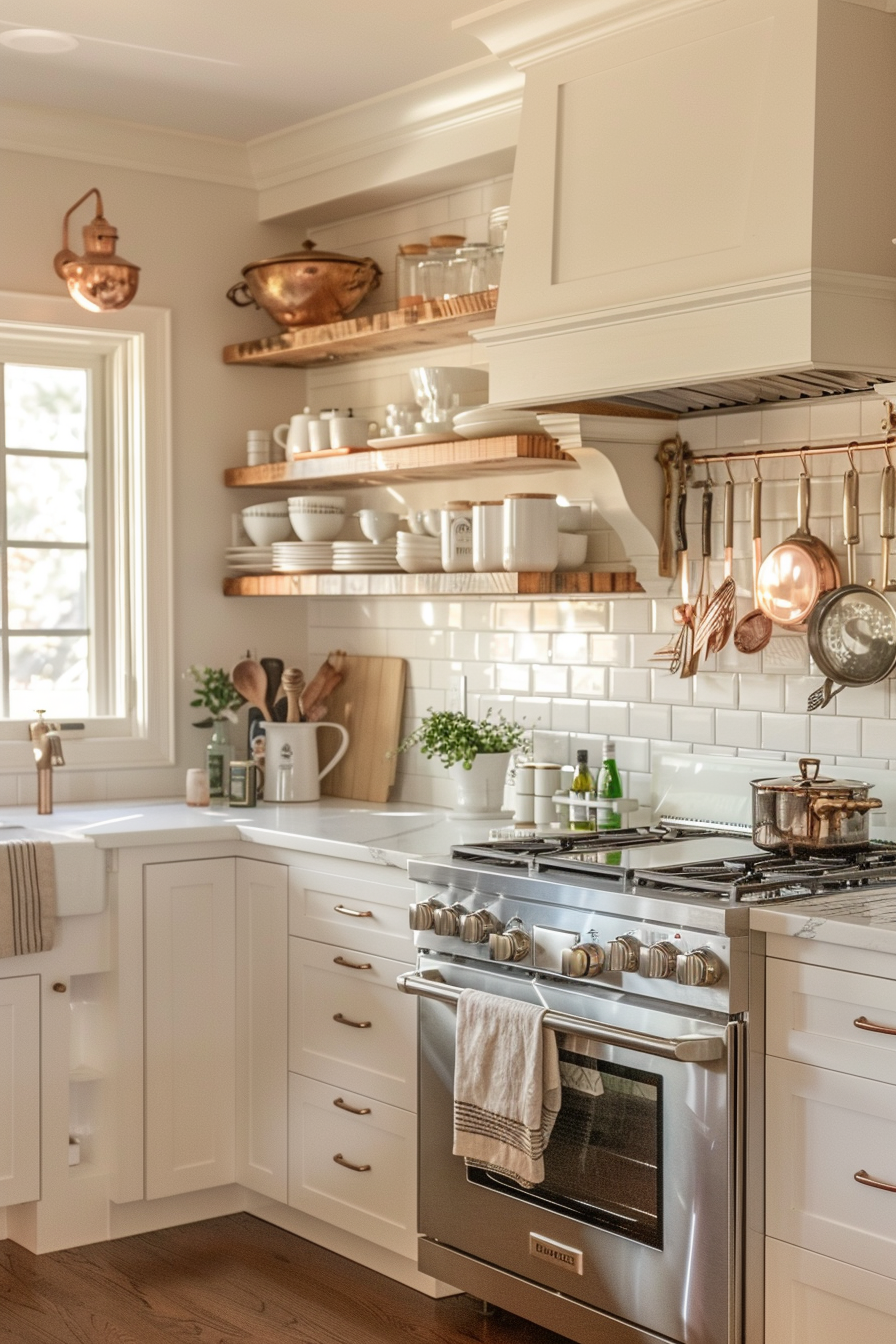 A cozy kitchen interior with white cabinetry, floating wooden shelves, a stove, copper cookware, and subway tile backsplash.