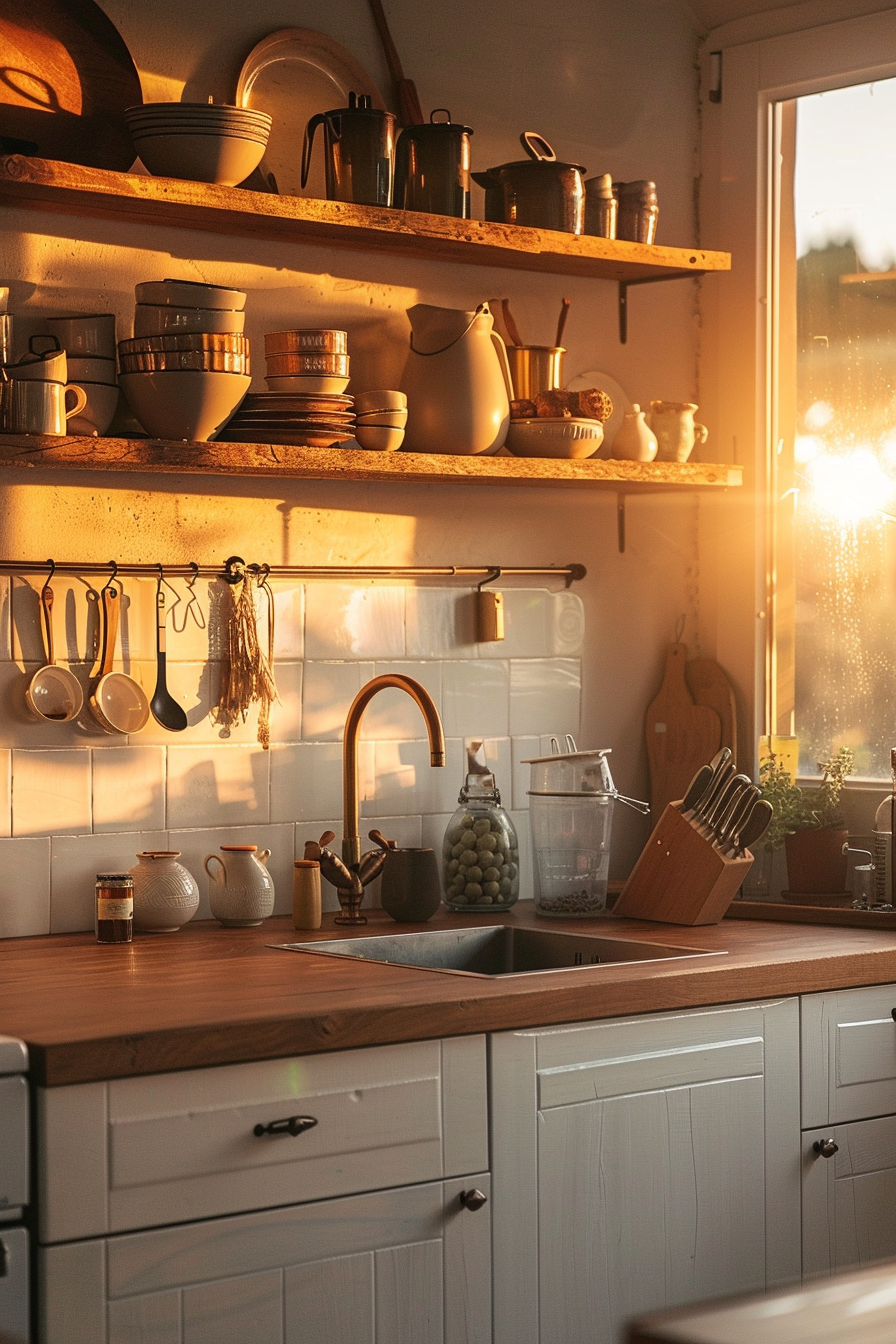 A cozy kitchen interior at sunset with warm lighting, showing shelves of dishes, a sink area, and countertop utensils.