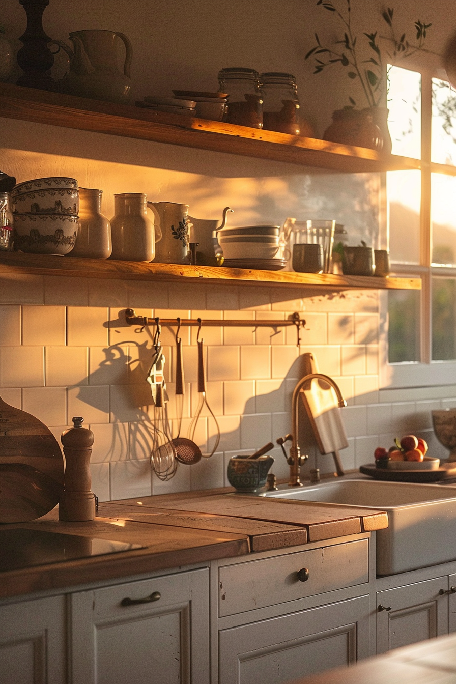 Cozy kitchen interior at sunset with warm light casting shadows, wooden shelves with jars, and vintage utensils.