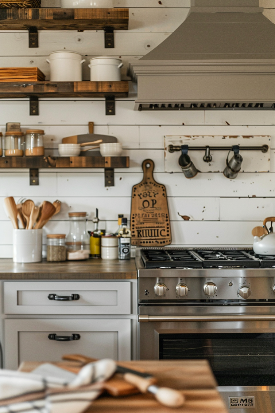 A cozy modern kitchen with wooden shelves holding pots and jars, a gas stove, utensils, and a decorative cutting board.
