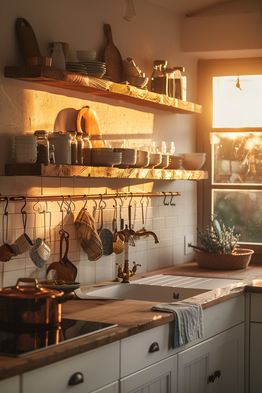 Warmly lit cozy kitchen interior at sunset with wooden shelves, dishes, hanging utensils, and a vintage faucet.