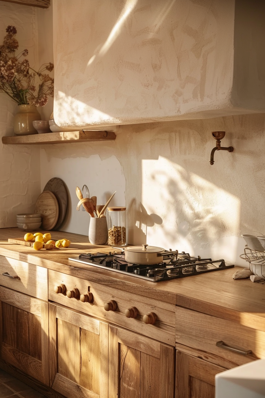 A rustic kitchen with warm sunlight casting shadows, wooden cabinetry, gas stove, lemons on the counter, and a pot on the burner.
