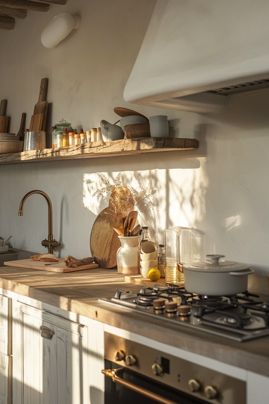 Kitchen interior with sunlight casting shadows, featuring wooden shelves with pots, utensils, and a stove with cookware.