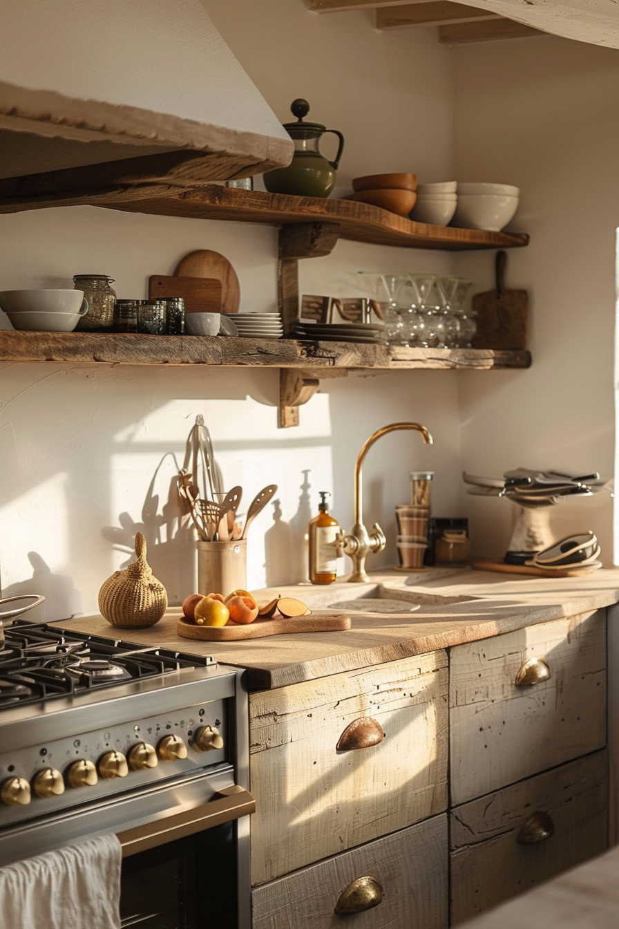 Rustic kitchen with wooden shelves, various dishes, a gas stove, and fresh fruit on the counter bathed in warm sunlight.