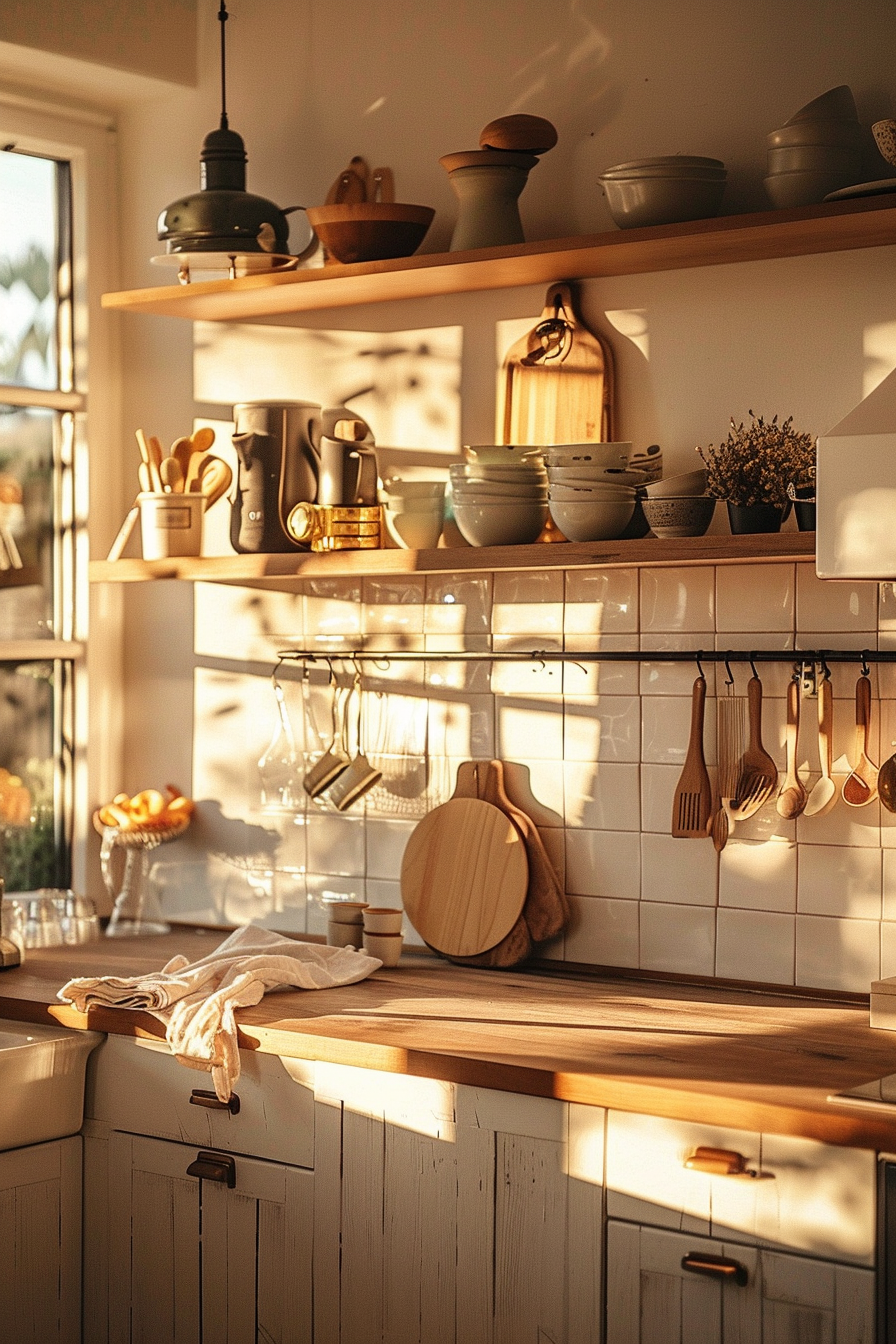Warm sunlight bathes a cozy kitchen with wooden shelves, utensils, and white cabinetry.