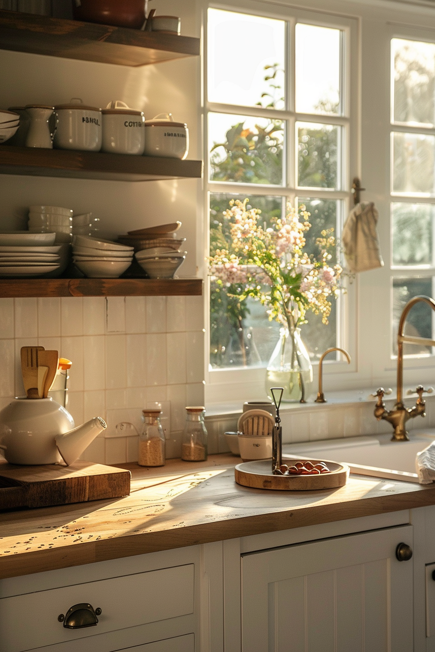 Warm sunlight bathes a cozy kitchen interior with open shelves, dishes, a teapot, and fresh flowers by the window.