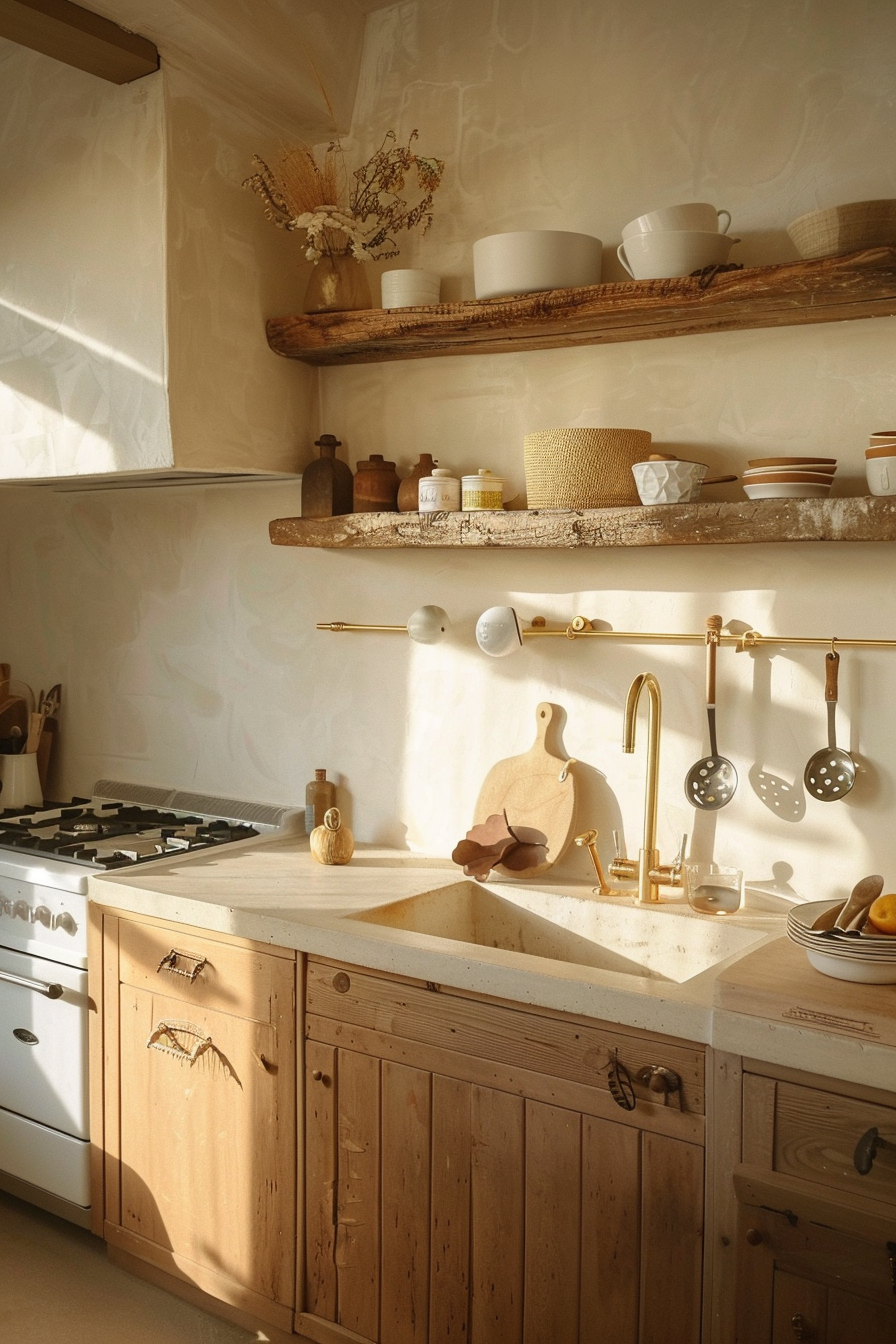 Warmly lit kitchen interior with wooden shelves, cabinets, and a sink with gold-colored fixtures.