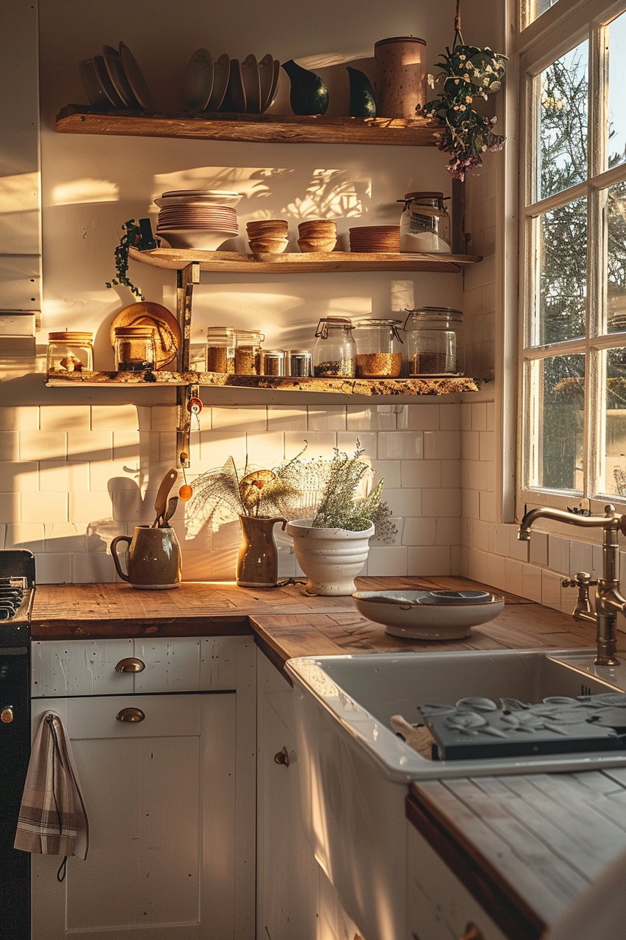 Cozy kitchen interior bathed in warm sunlight with wooden countertops, open shelves filled with dishes, and potted plants near a window.