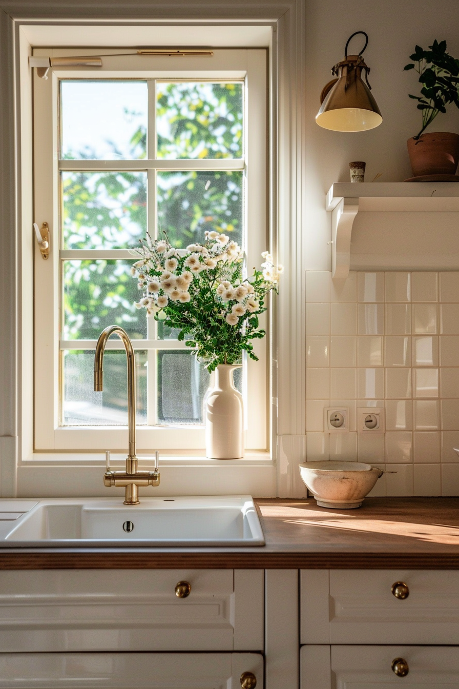A cozy kitchen interior with sunlight streaming in through a window behind a sink, highlighting a vase of flowers and a wall lamp.