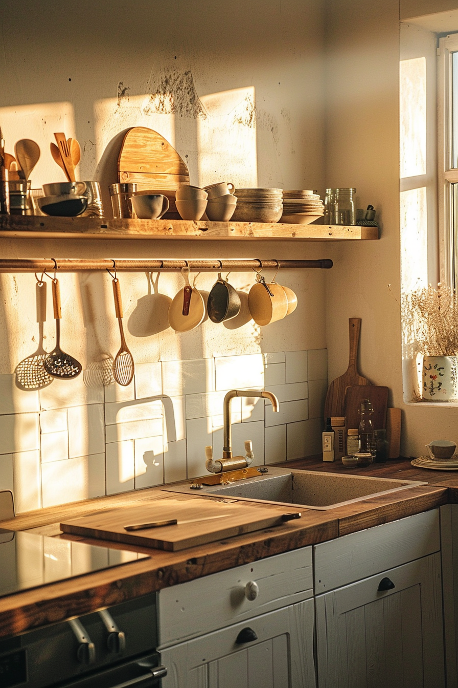 Cozy sunlit kitchen with wooden shelves, hanging utensils, and golden hour light casting shadows.