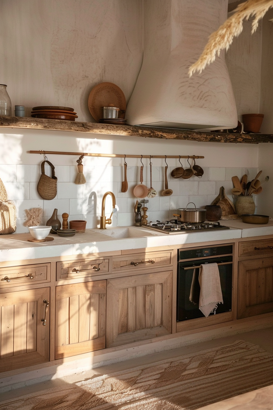 Warmly lit rustic kitchen with wooden cabinets, a gas stove, hanging utensils, and a textured rug.