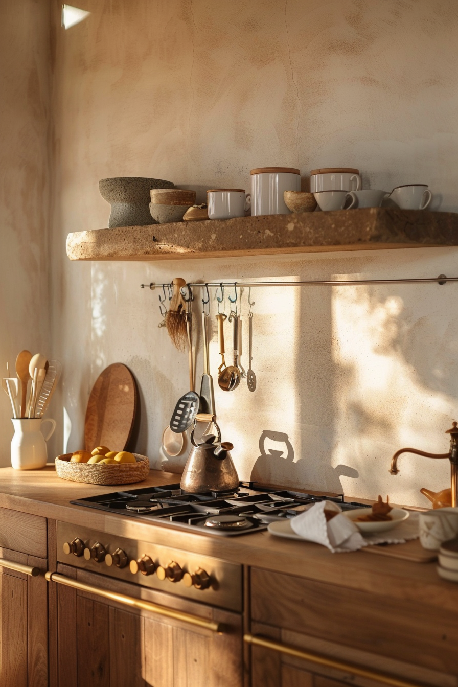 Warm sunlight bathing a cozy kitchen interior with utensils hanging, cups on shelves, and a kettle on the stove.