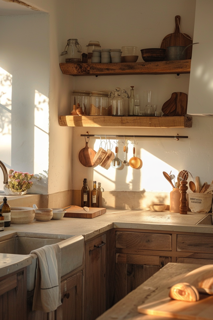 Rustic kitchen interior with wooden shelves, utensils, and sunbeams casting warm light and shadows.