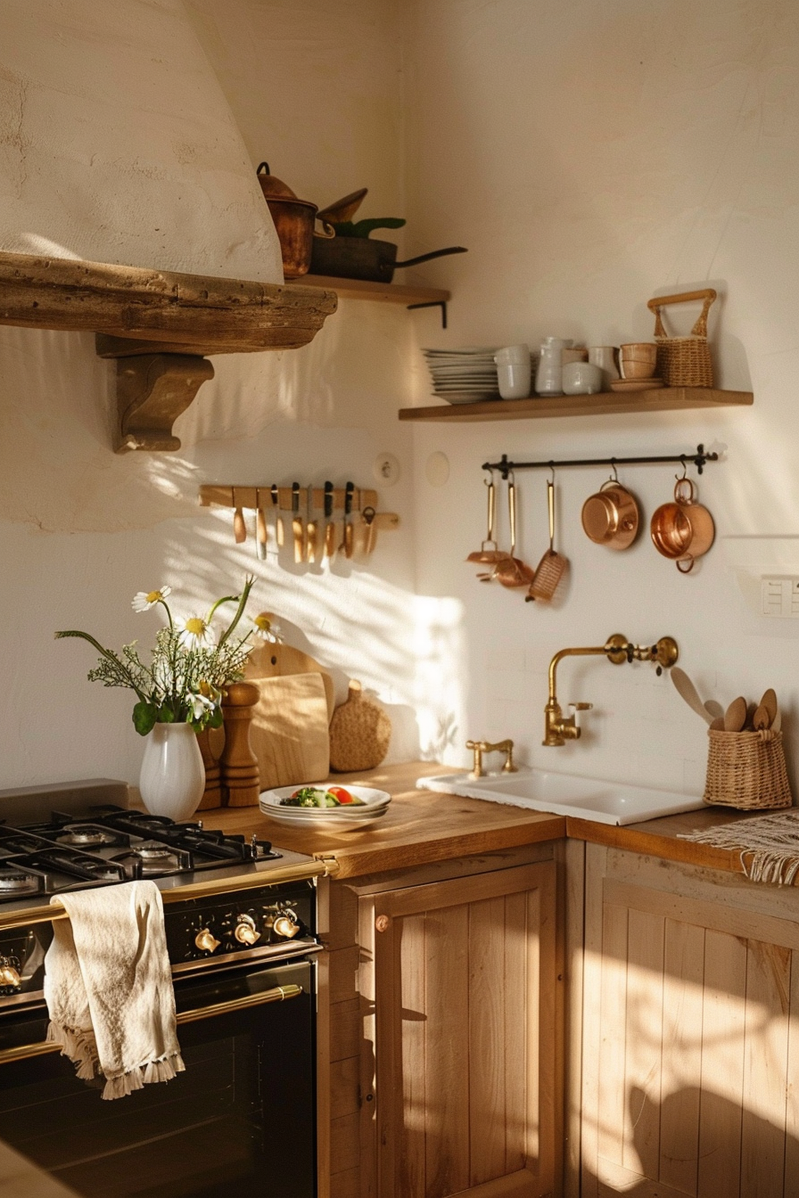Rustic kitchen with sunlight casting shadows, wooden shelves with utensils, copper pots, and a dish on the counter.