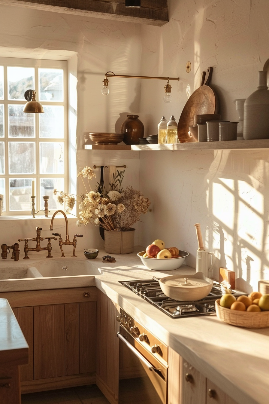 Cozy kitchen interior with natural light casting shadows, featuring wooden cabinets, shelves with utensils, and a bowl of fruit.