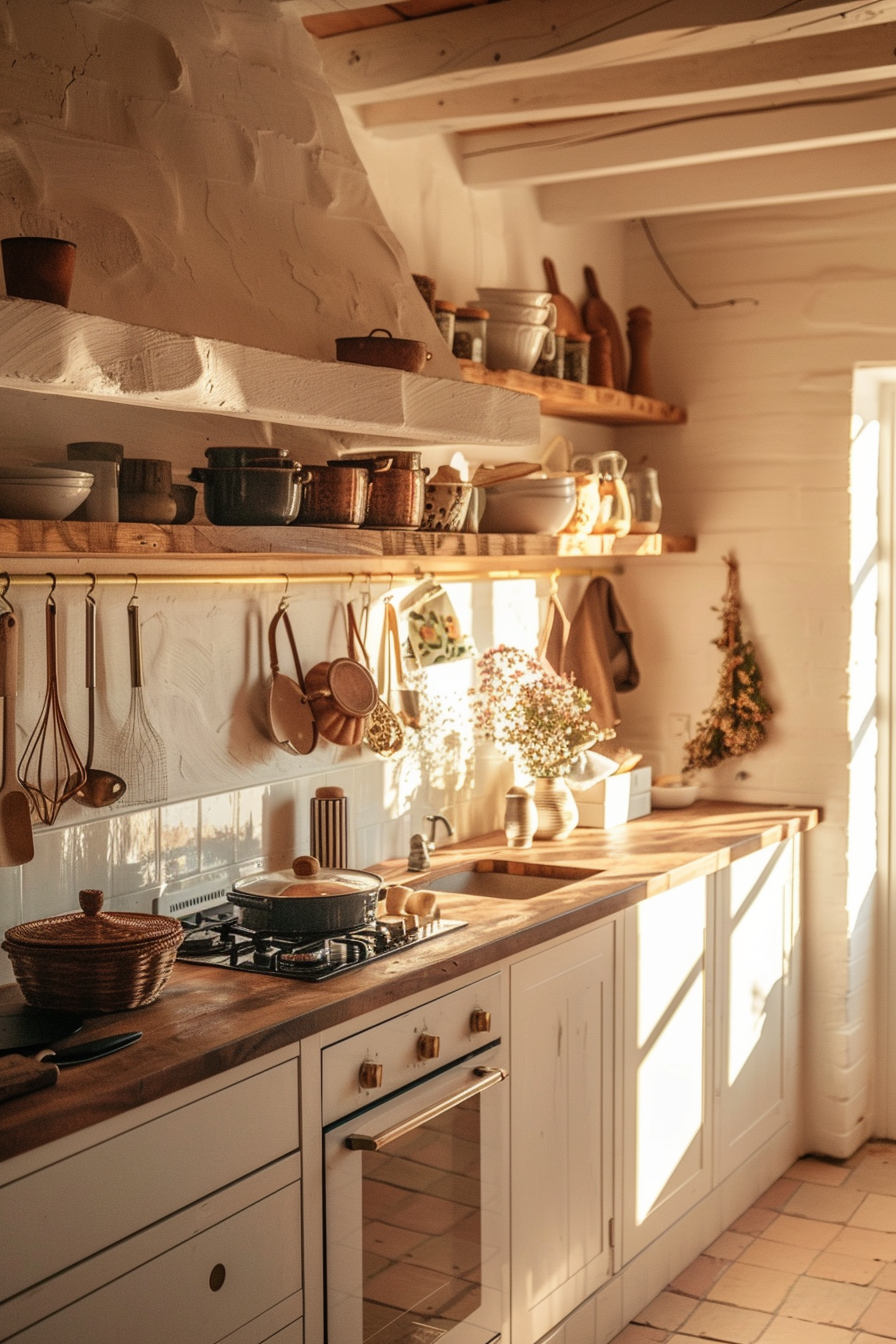 Cozy rustic kitchen interior with natural light, wood countertops, hanging utensils, and an old-fashioned stove with a pot on top.