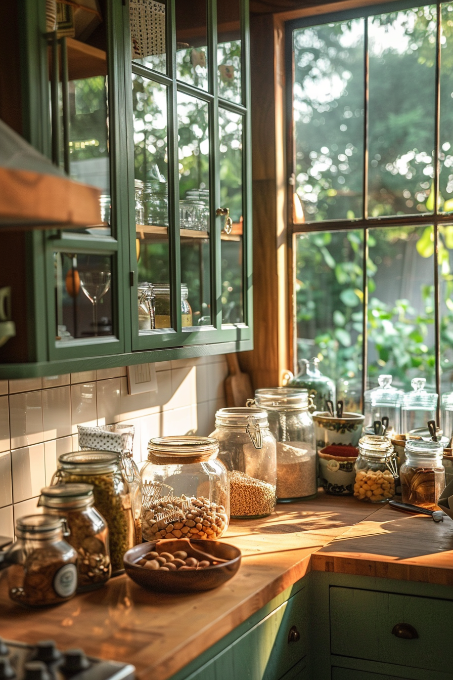 Warm sunlight illuminates a cozy kitchen counter with glass jars of dry goods and a window view of greenery.