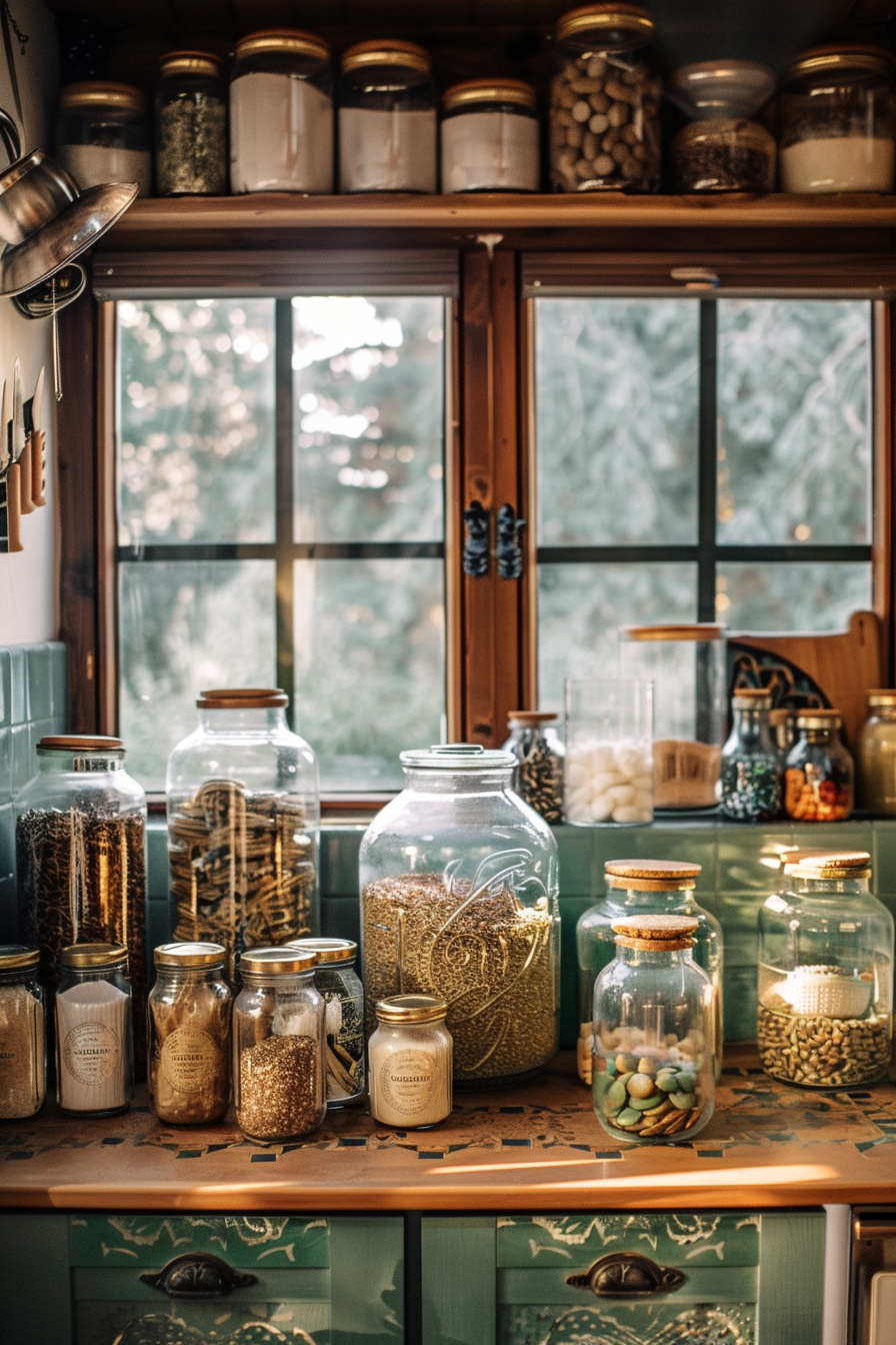 A cozy kitchen setting with various jars of dry goods on shelves and countertops, bathed in warm natural light.