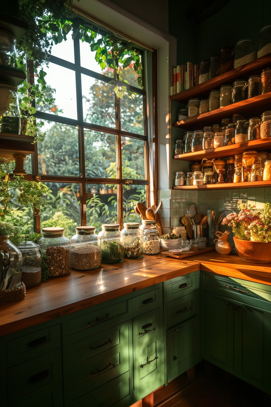 Cozy kitchen interior with sunlight streaming through a window, green cabinets, wooden shelves with jars, and houseplants.