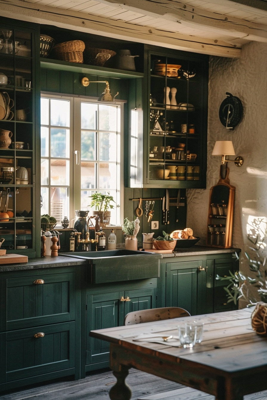 Cozy kitchen interior with dark green cabinets, wooden countertops, and an array of utensils and decor illuminated by warm sunlight.