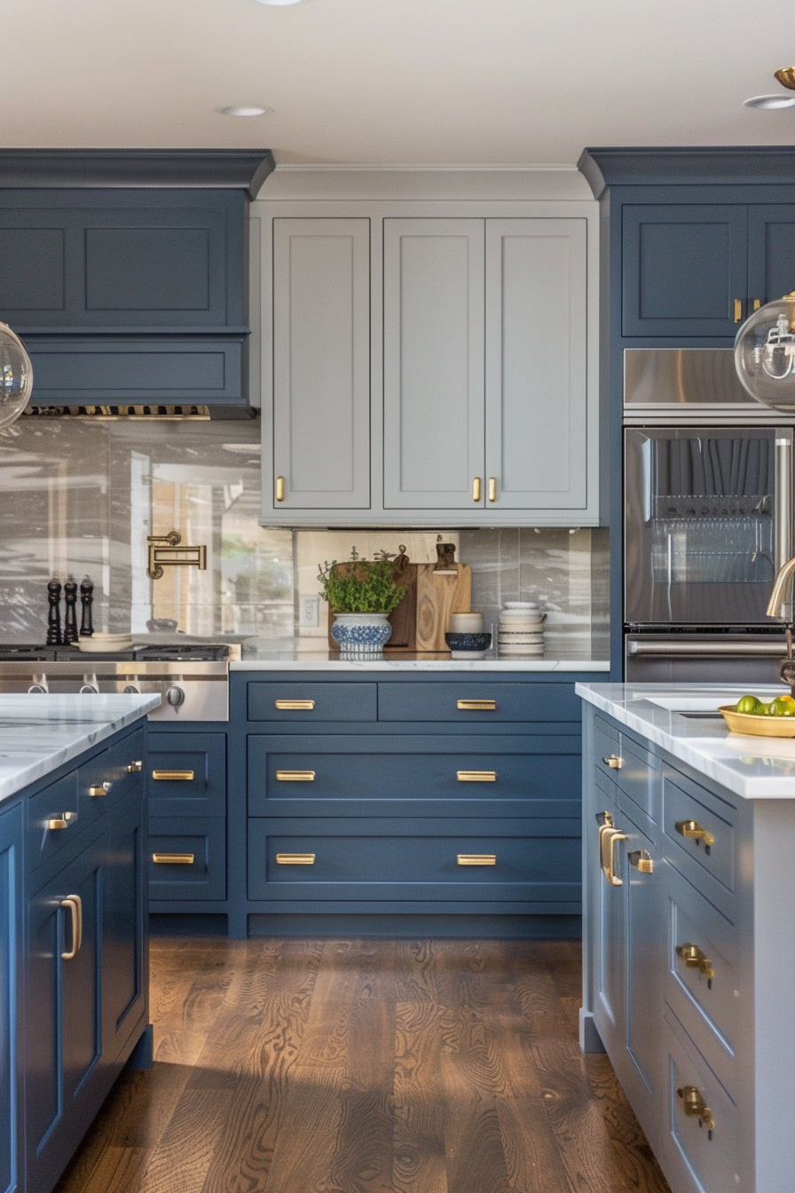 A modern kitchen with navy blue cabinetry, brass handles, white countertops, and hardwood flooring.