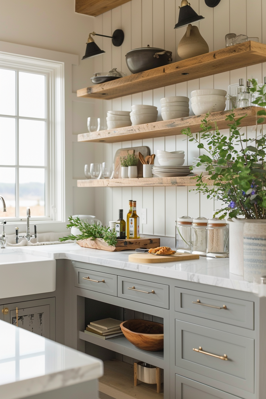 A bright, modern kitchen with open shelving displaying dishware, plants on the counter, and gold-handled gray cabinets.