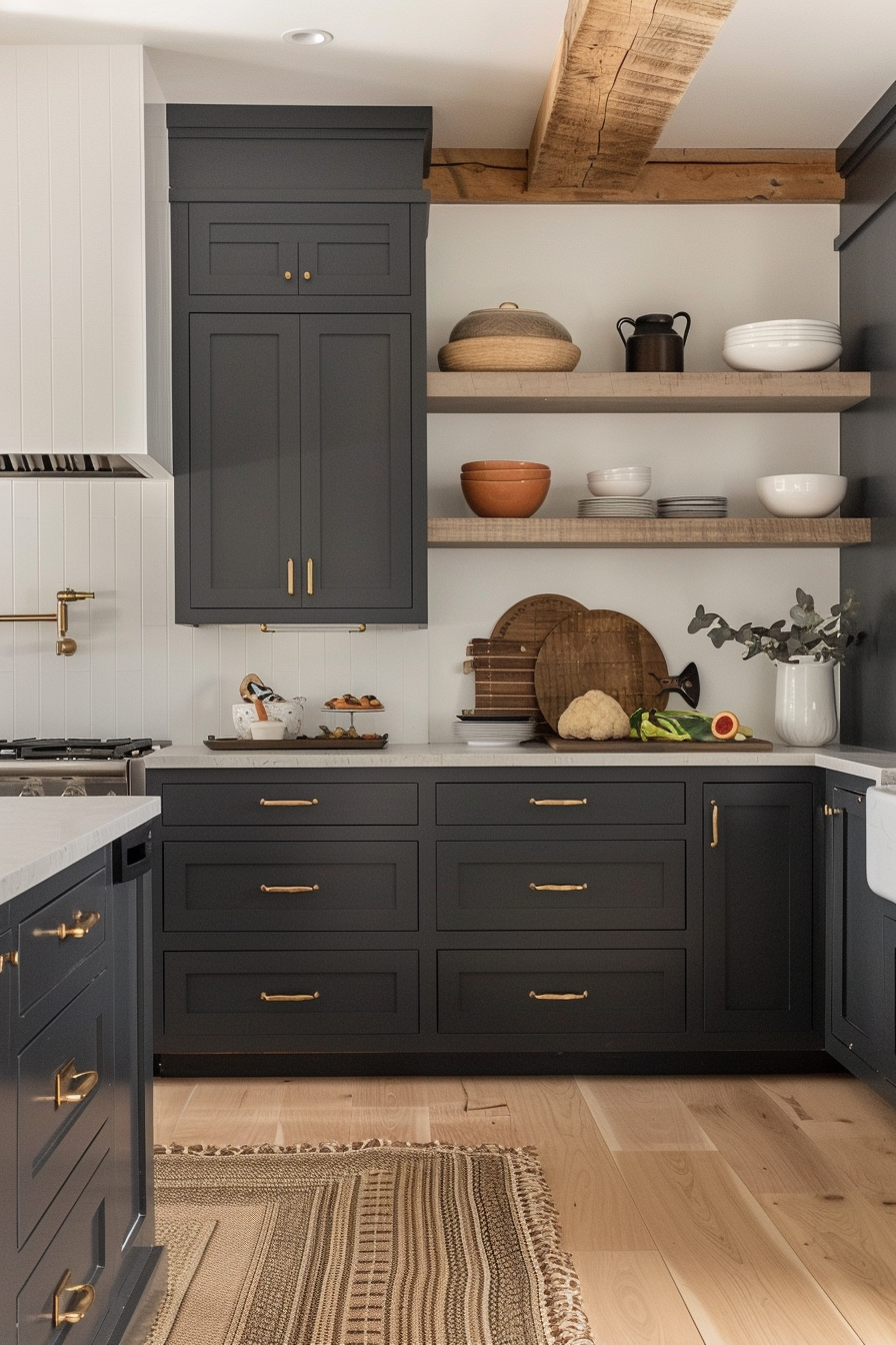Modern kitchen with dark gray cabinets, gold hardware, white backsplash, open wooden shelves, and a woven rug on a hardwood floor.