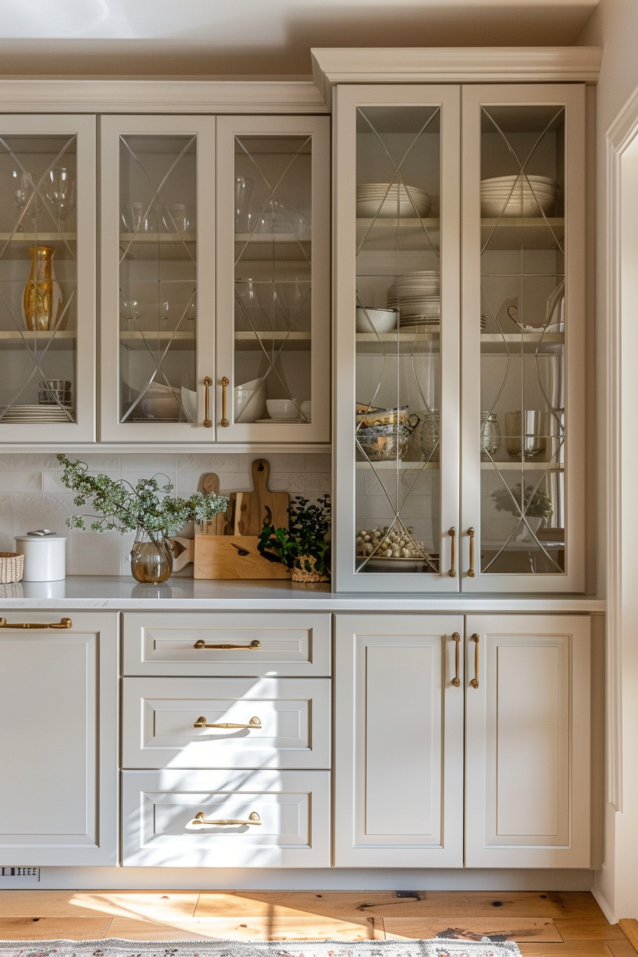 Elegant kitchen cabinetry with glass doors, showcasing dishes and glassware, bathed in warm sunlight.