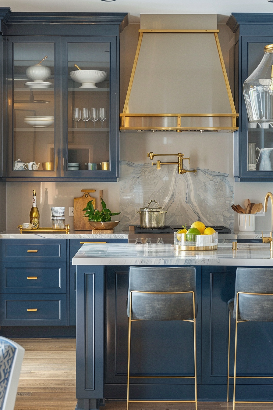 Modern kitchen interior with navy blue cabinets, golden accents, and marble countertops with stylish bar stools.